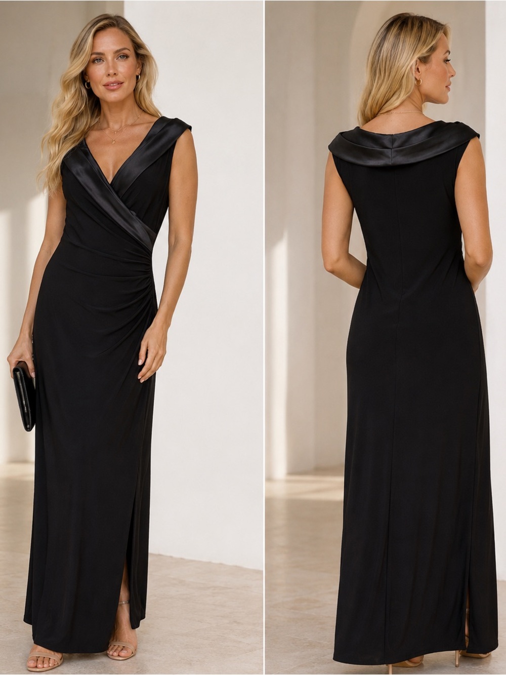 Lauren Ralph Lauren Evening Black Maxi Gown 14 Ruched Satin Formal Dress